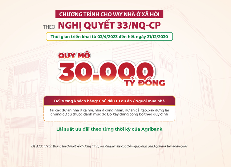 Để triển khai chương trình tín dụng ưu đãi lãi suất nhà ở xã hội và nhà ở xã hội, Agribank dành 30.000 tỷ đồng.