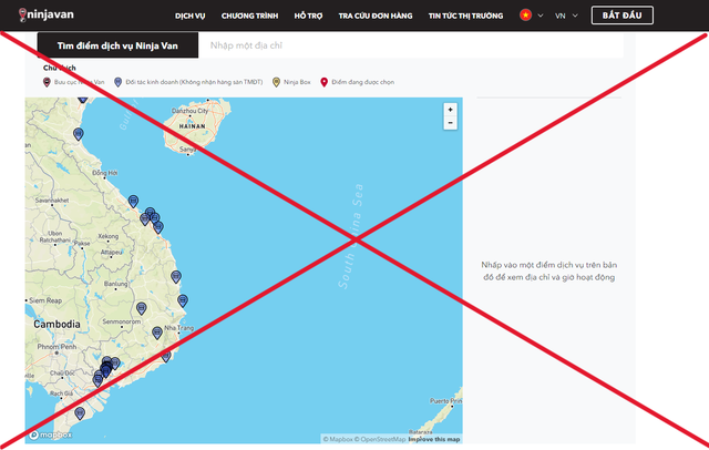 Bản đồ của Hãng vận chuyển Ninja Van sử dụng bản đồ Việt Nam với hai quần đảo bị thiếu.
