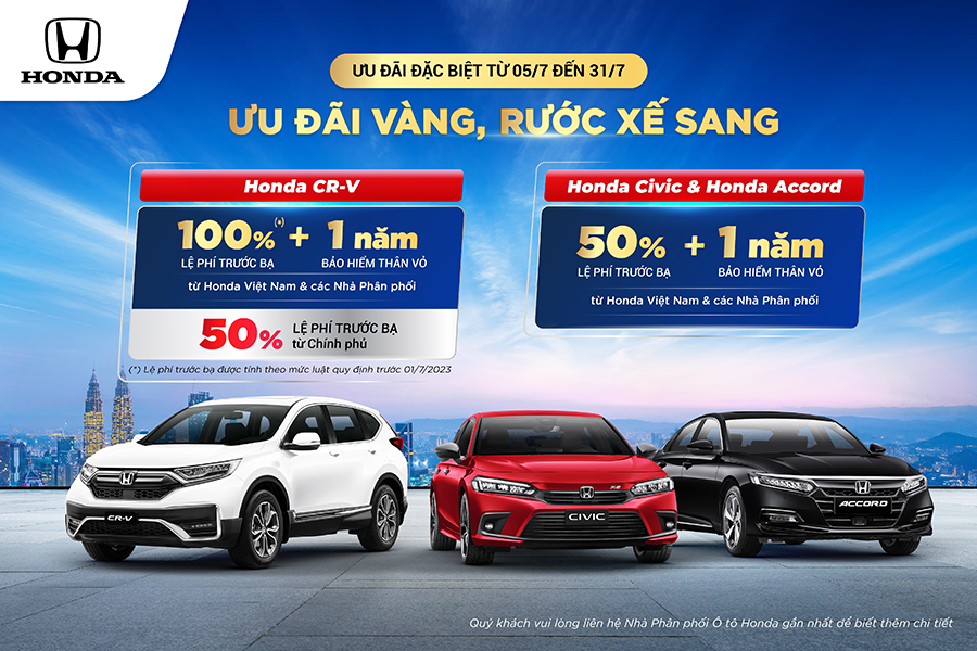 Đối với những khách hàng mua xe CR-V, Civic và Accord trong tháng 7, Honda Việt Nam ưu đãi hấp dẫn.
