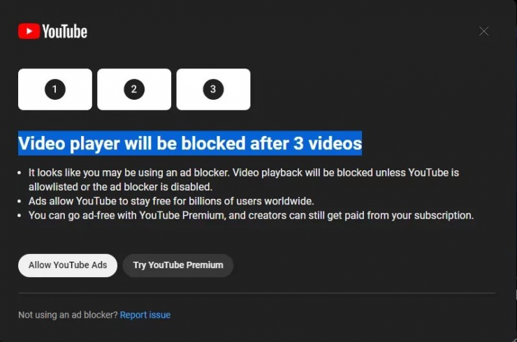 YouTube sẽ tắt video nếu bạn chặn quảng cáo