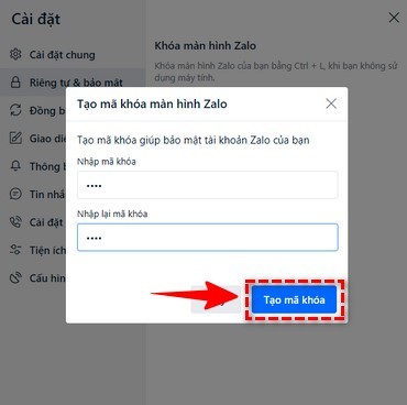 Tạo mã khóa màn hình Zalo