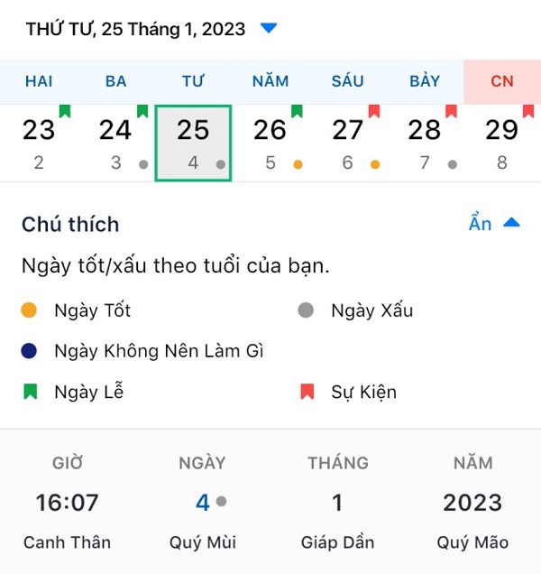 Xem chi tiết lịch âm trên điện thoại