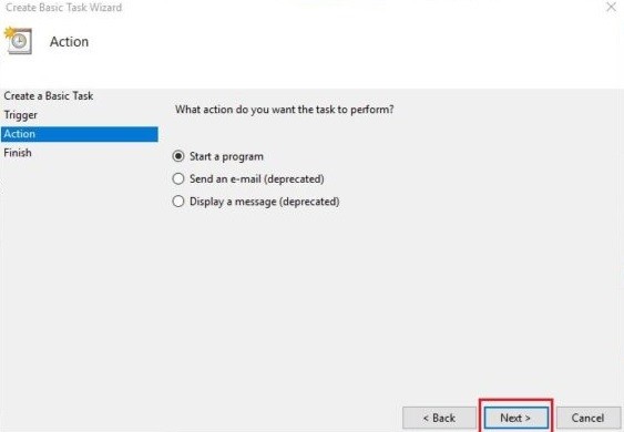 Chọn “Start a program”  và nhấp vào Next
