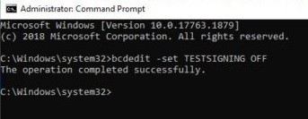 bcdedit -set TESTSIGNING OFF
