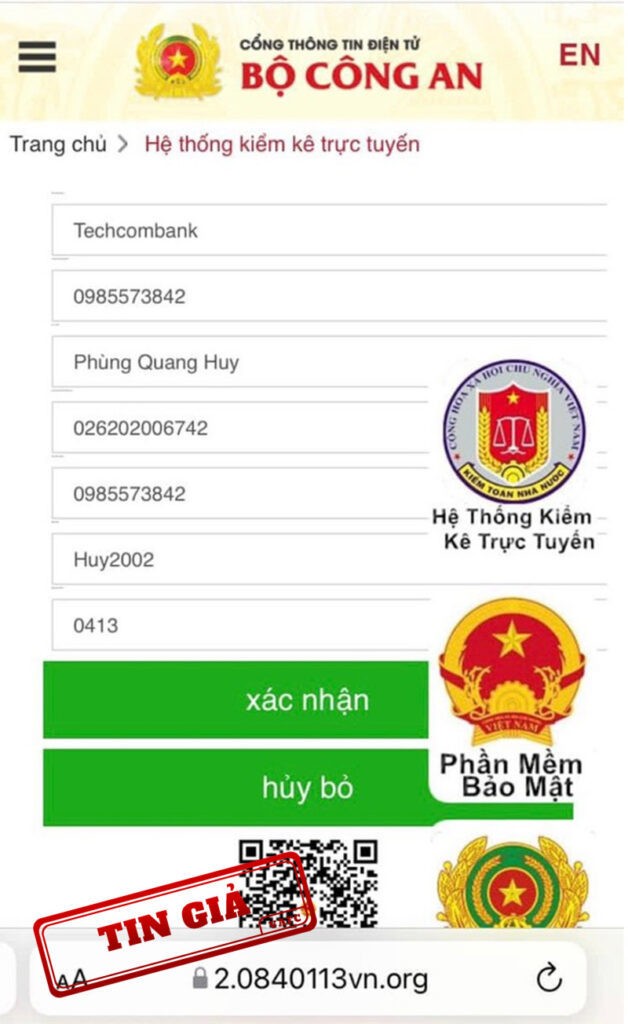 website giả mạo Cổng thông tin điện tử Bộ Công an để lừa đảo