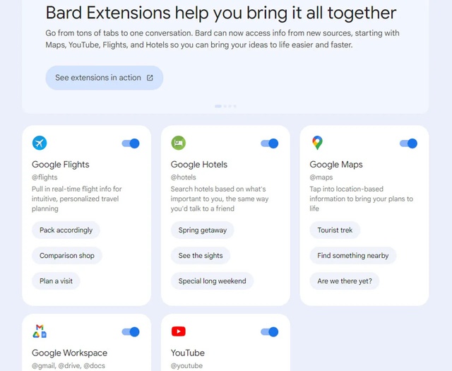 Bard được liên kết các dịch vụ phổ biến của Google