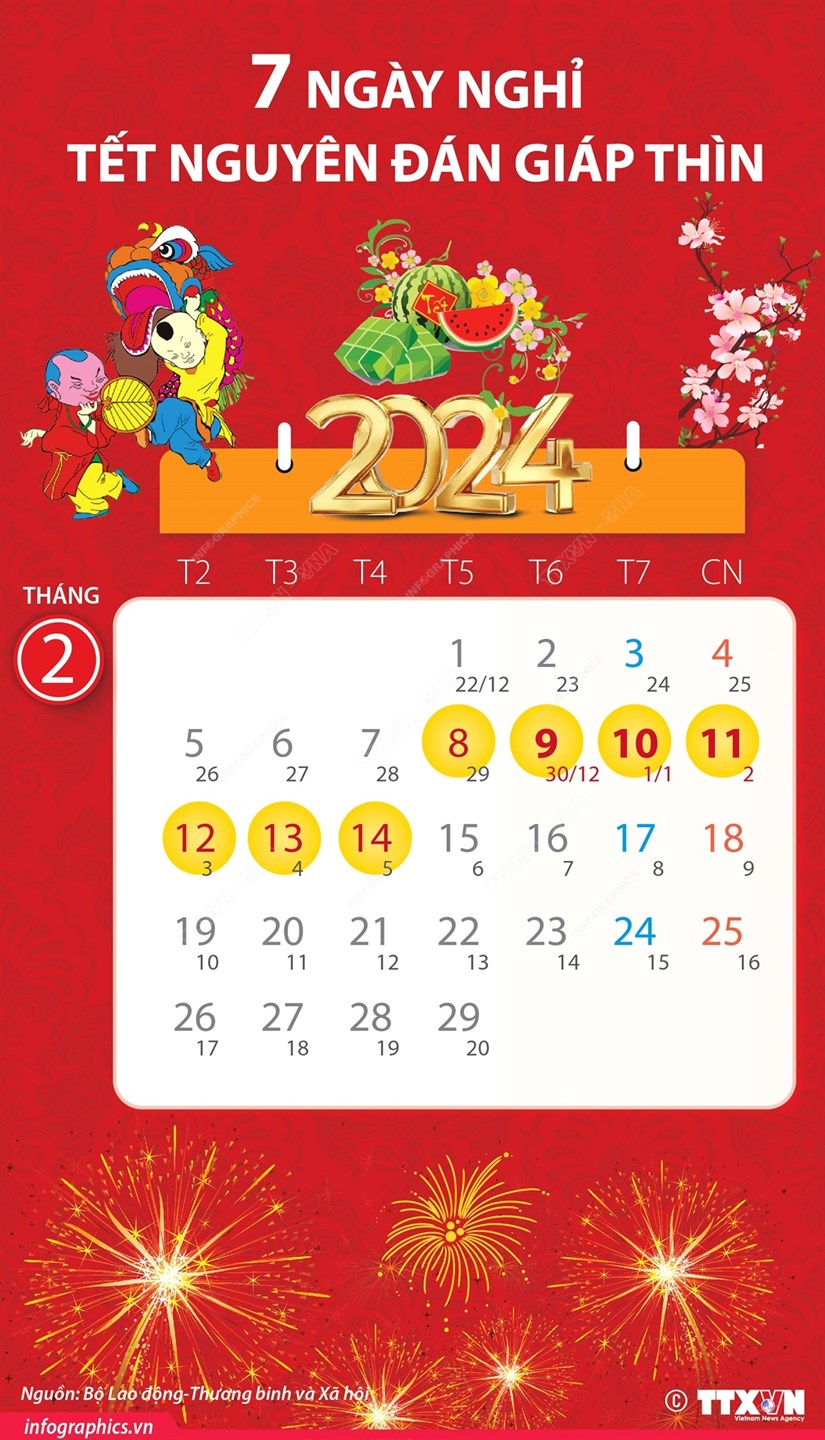 [Infographics] Lịch nghỉ Tết Nguyên đán Giáp Thìn 2024 chính thức