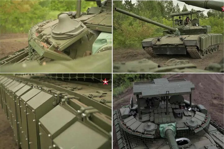 T-80BVM của Nga sau khi được nâng cấp hệ thống giáp bảo vệ và hệ thống áp chế điện tử chống UAV REB Volnorez trên tháp pháo.