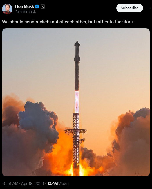 Phát ngôn đáng suy ngẫm của Elon Musk: thay vì chĩa tên lửa vào nhau, chúng ta nên hướng chúng tới những vì sao- Ảnh 1.