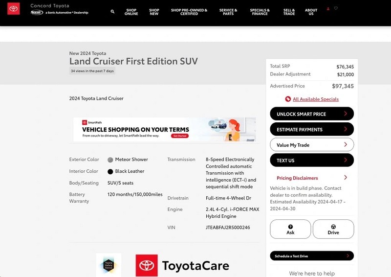 Đại lý Concord Toyota ở bang California đang tạm giữ kỷ lục bán chênh giá xe Land Cruiser Prado cao nhất ở mức 21.000 USD