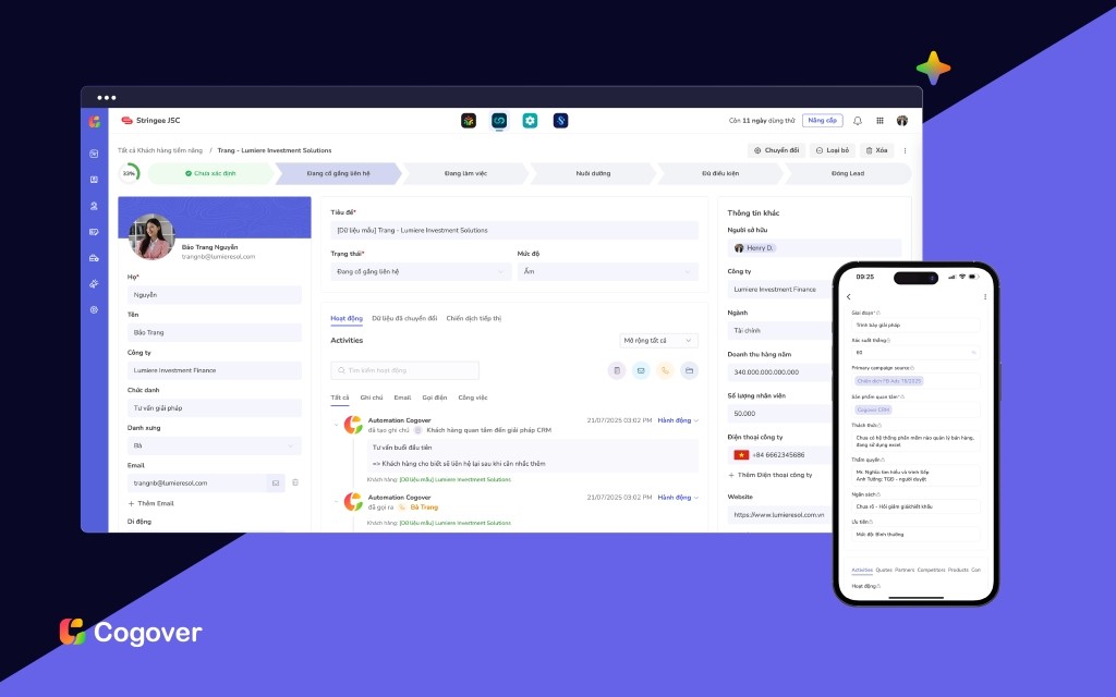 Giao diện Cogover CRM No-code/AI