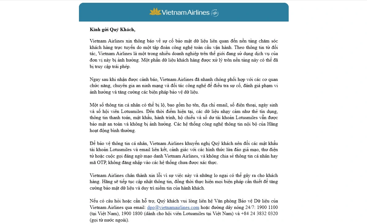 vietnam airlines thua nhan lo thong tin ca nhan khach hang hinh anh 2