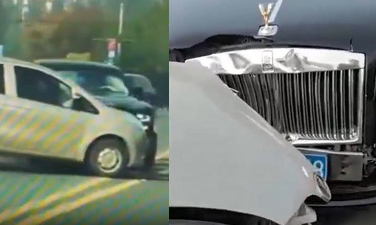 Ôtô cắt ngang đường đâm bẹp đầu xe Rolls-Royce