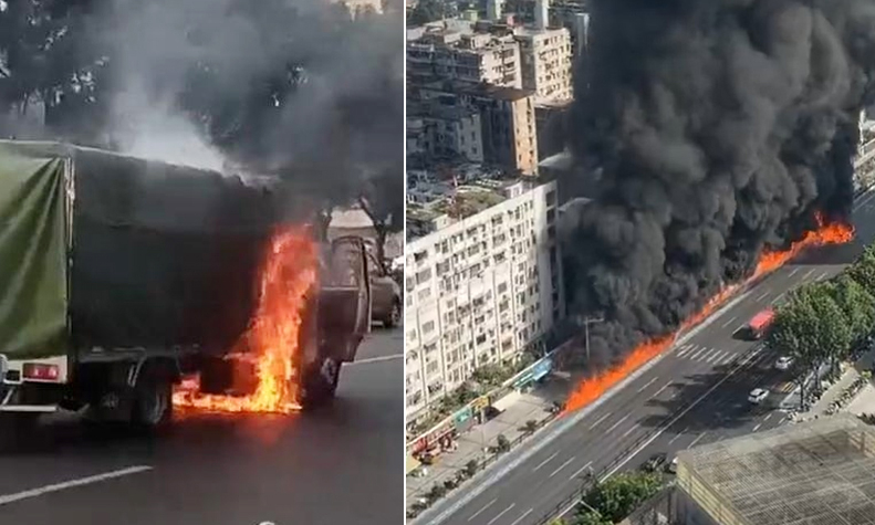 Xe tải bốc cháy sau va chạm, lan hàng chục xe máy điện