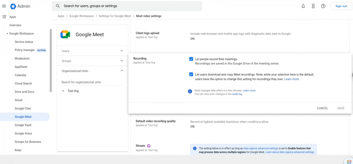 Giao diện quản trị Google Meet hiển thị tùy chọn cho phép người dùng tải xuống và sao chép bản ghi. Ảnh: Google Workspace