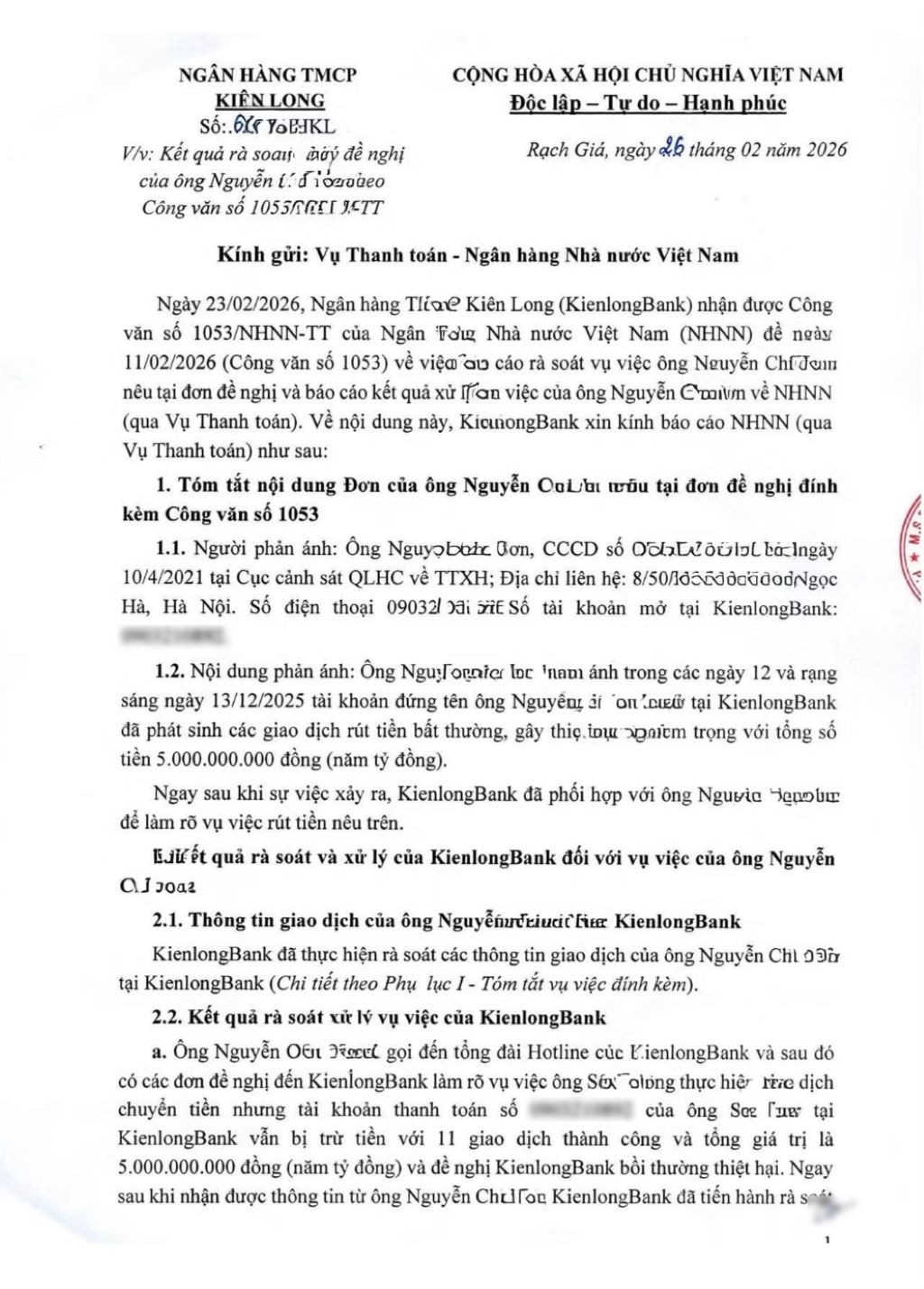 5 tỷ đồng bốc hơi tại KienlongBank: lỗi của ai?